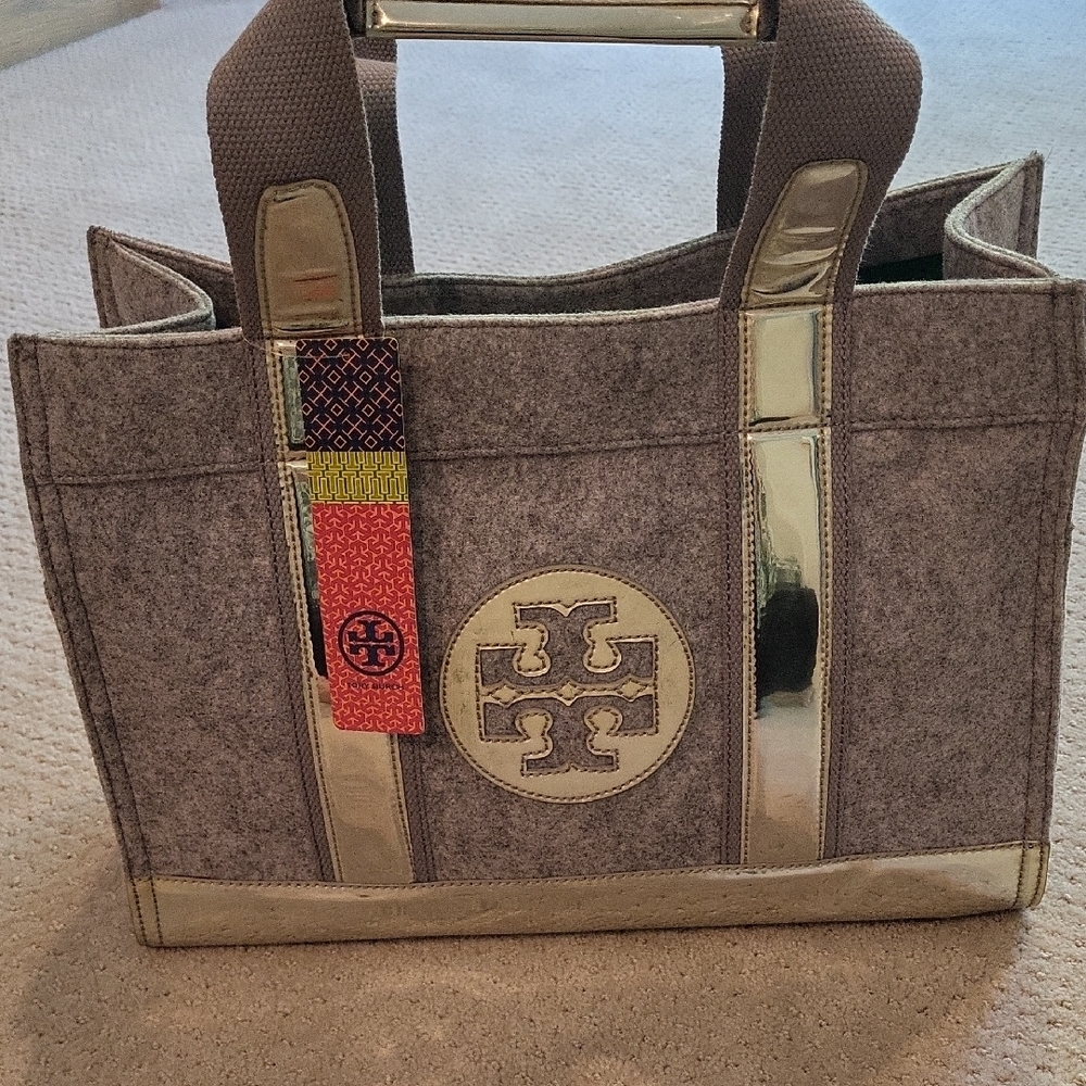 Tory Burch Gray Tote with Gold Trim